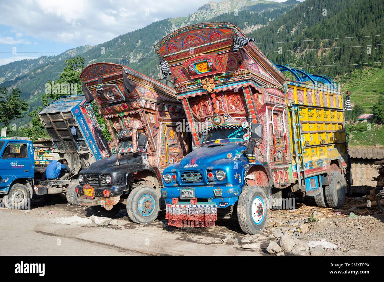 Painted trucks, Boyum village, Swat Valley, Pakistan Stock Photo