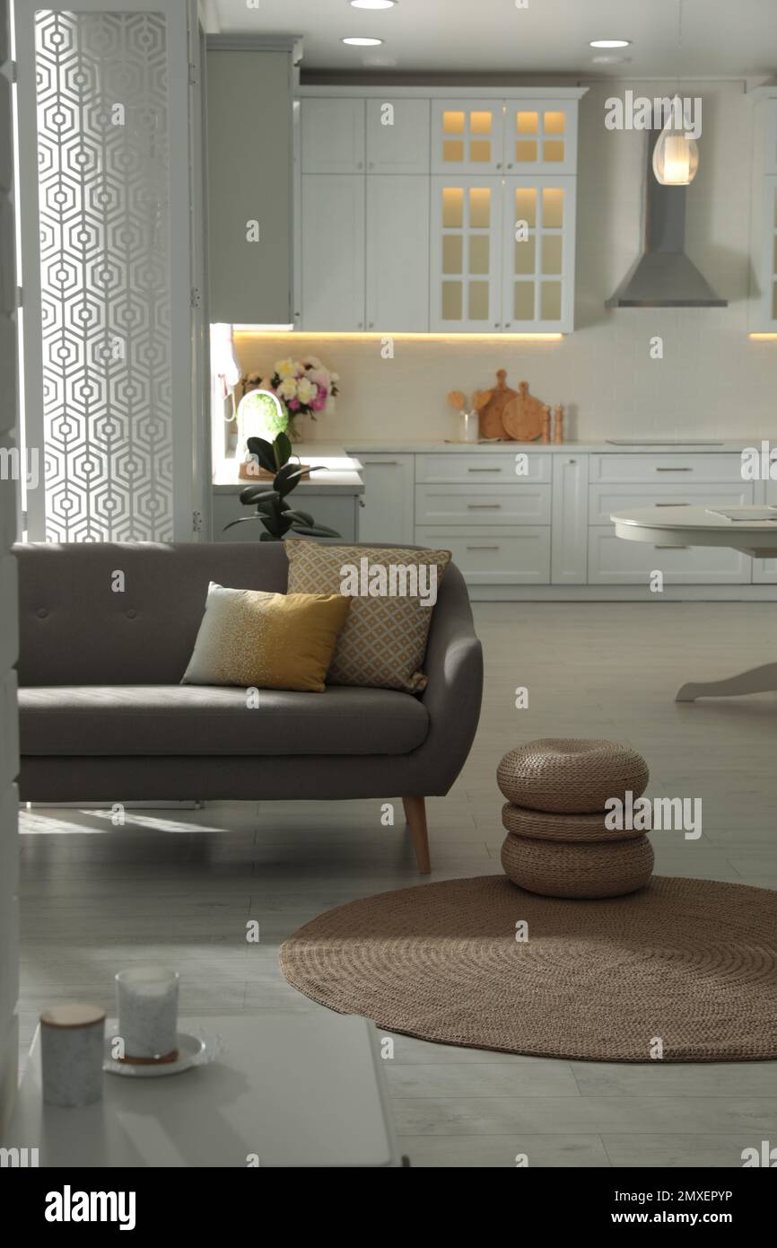 Image showcasing Stylish apartment interior with modern kitchen. Idea for design Stock ...
