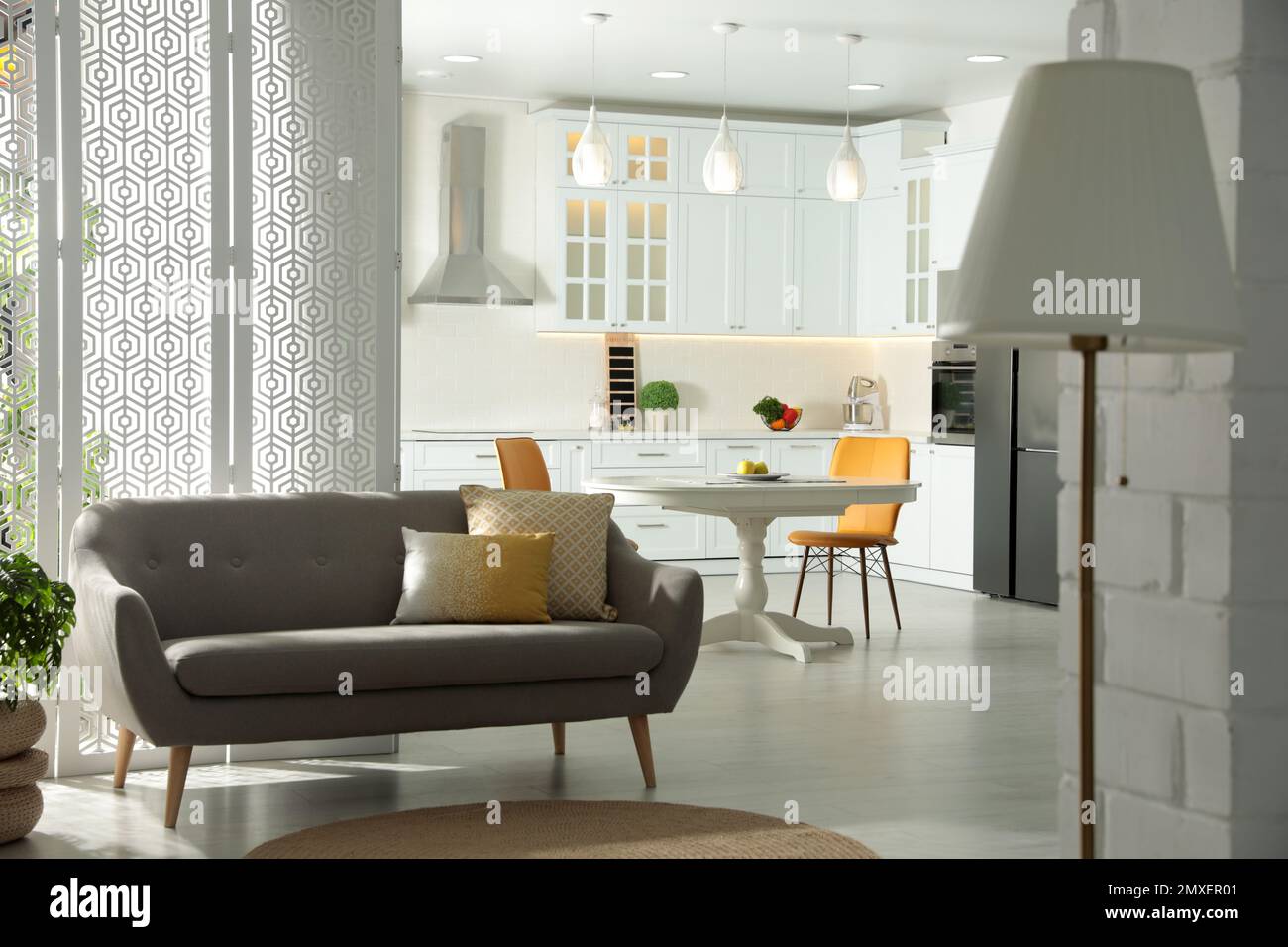 Stylish apartment interior with modern kitchen. Idea for design Stock ...