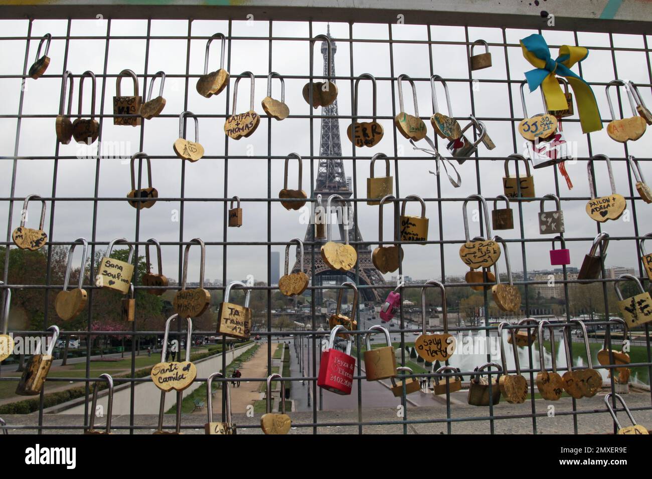 Lovers padlocks on fence at Trocadero overlooking the Eiffel Tower