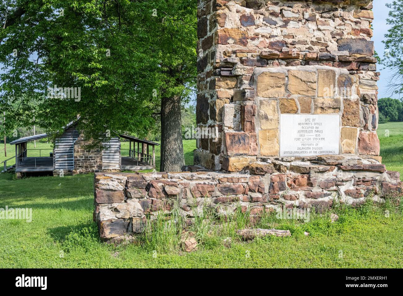 Stone chimney remnant from the Adjutant's Office (occupied by Jefferson Davis, 1833-1835) at Fort Gibson Stockade in Fort Gibson, Oklahoma. (USA) Stock Photo
