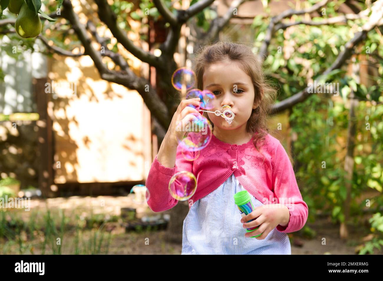 Caucasian cute little child girl blowing soap bubbles in the park at ...