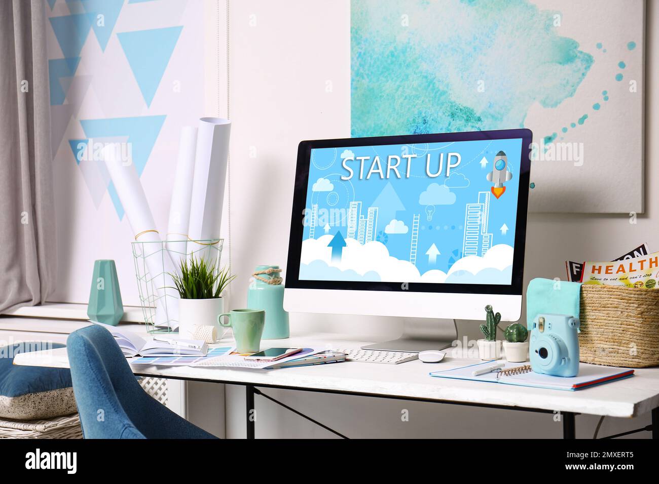Work Computer Start Startup business concept. Workplace with computer in office Stock Photo ...