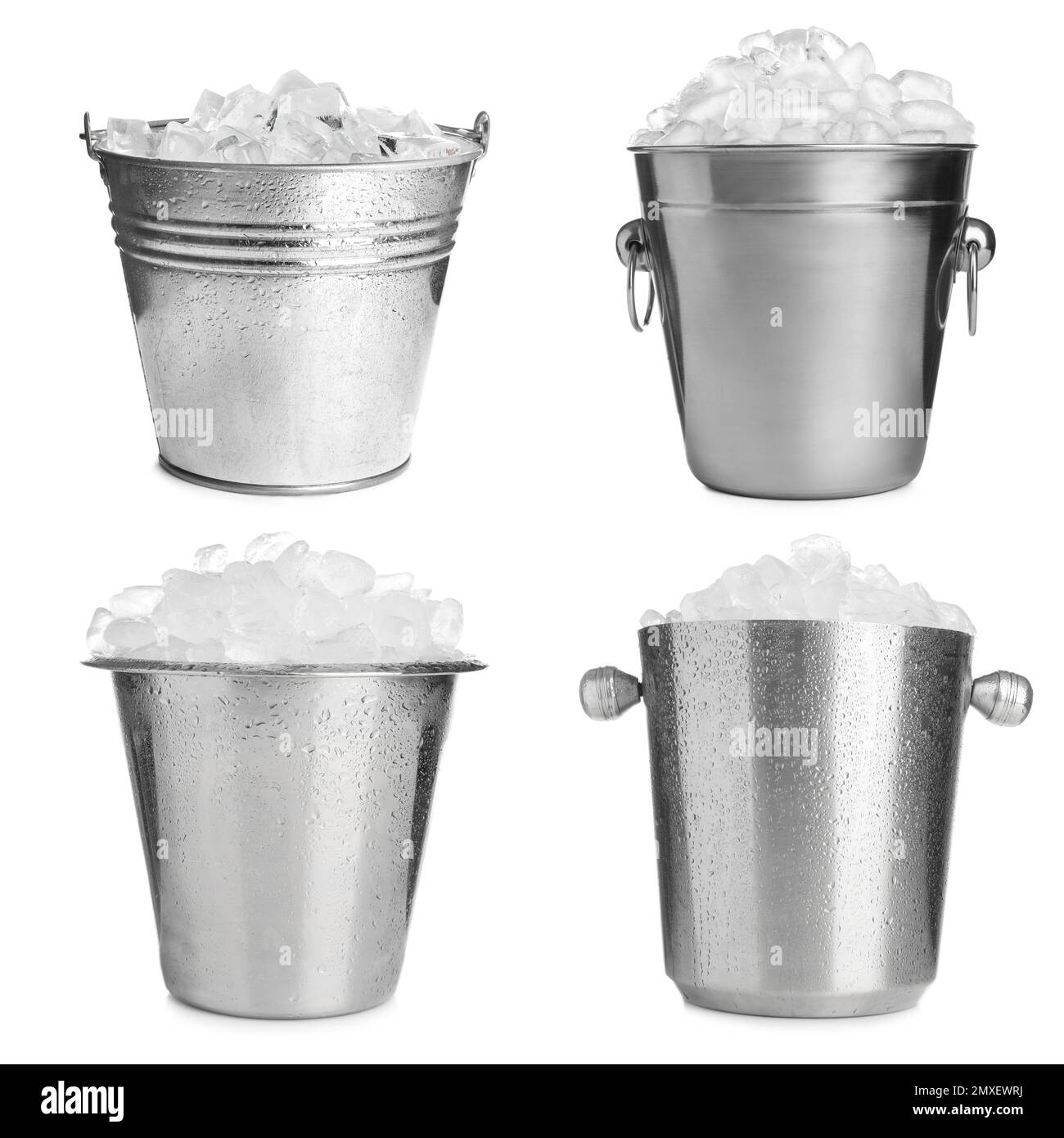 Set of different metal buckets with ice cubes on white background Stock Photo Alamy
