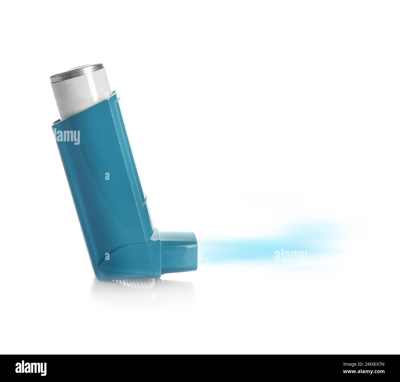 Portable asthma inhaler device with steam on white background Stock