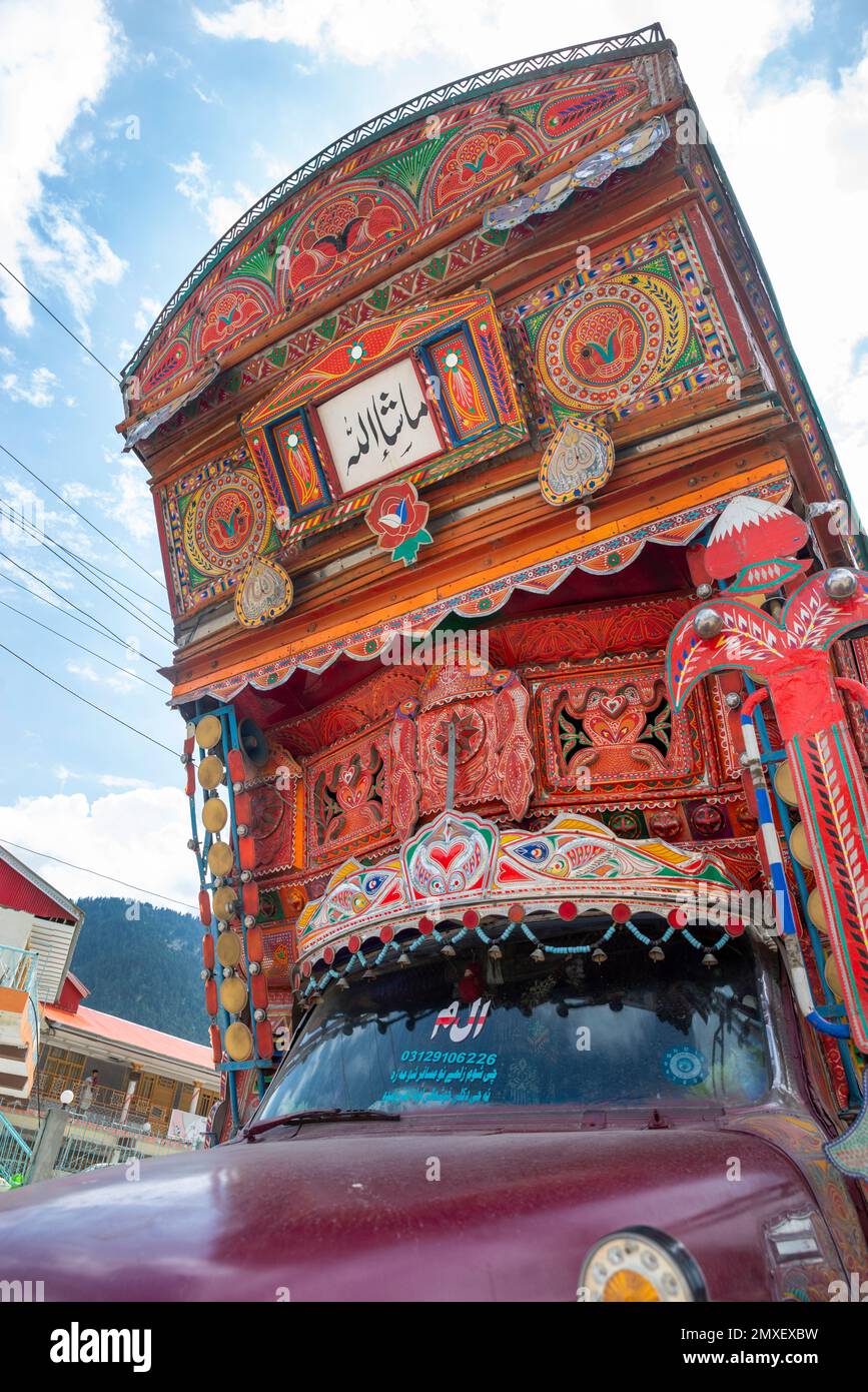 Painted trucks, Kalam, Swat Valley, Pakistan Stock Photo
