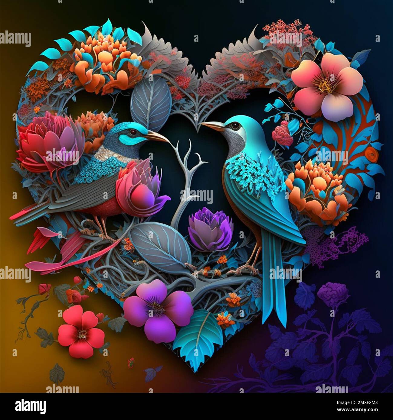 Floral romantic heart, birds and flowers. Valentines love illustration on  dark background. Digital generaterd Stock Photo - Alamy