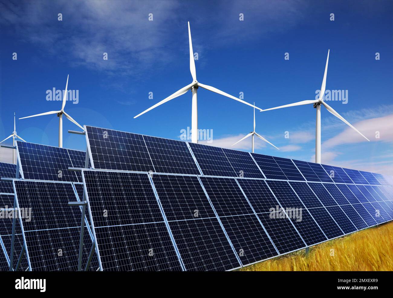 Solar panels and wind turbines installed outdoors. Alternative energy ...