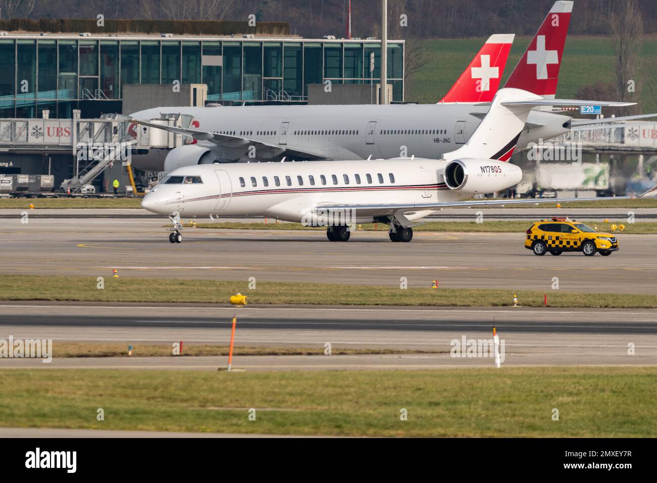Zurich, Switzerland, January 20, 2023 Bombardier Global 7500 business aircraft is taxiing to its position Stock Photo
