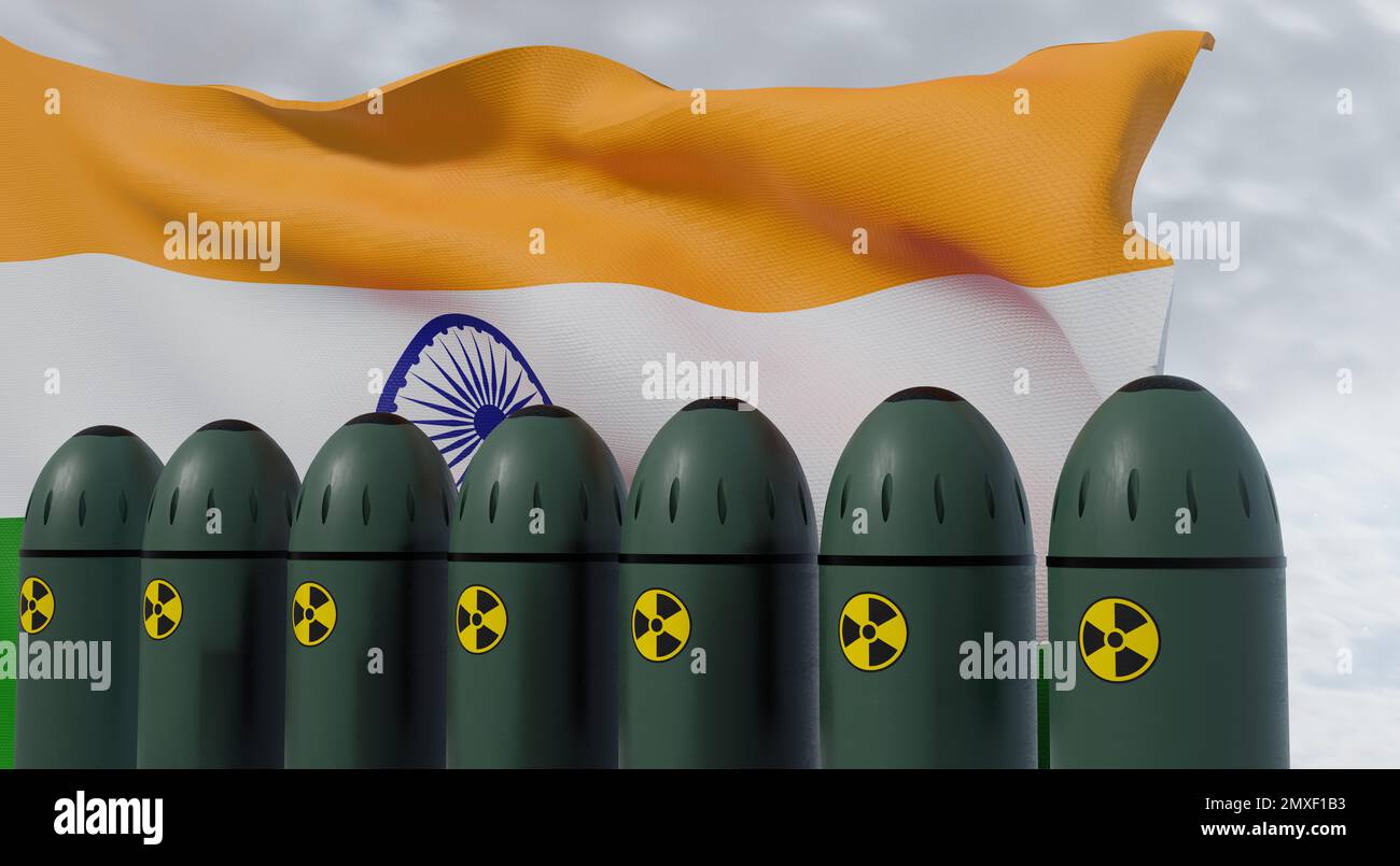 Nuclear missiles and India flag in background. Missiles with warheads