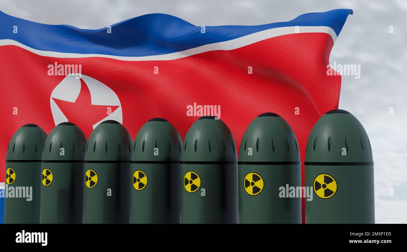 Nuclear missiles and North Korea flag in background. Missiles with warheads are ready to be launched. missile defense. Nuclear, chemical weapons. radi Stock Photo