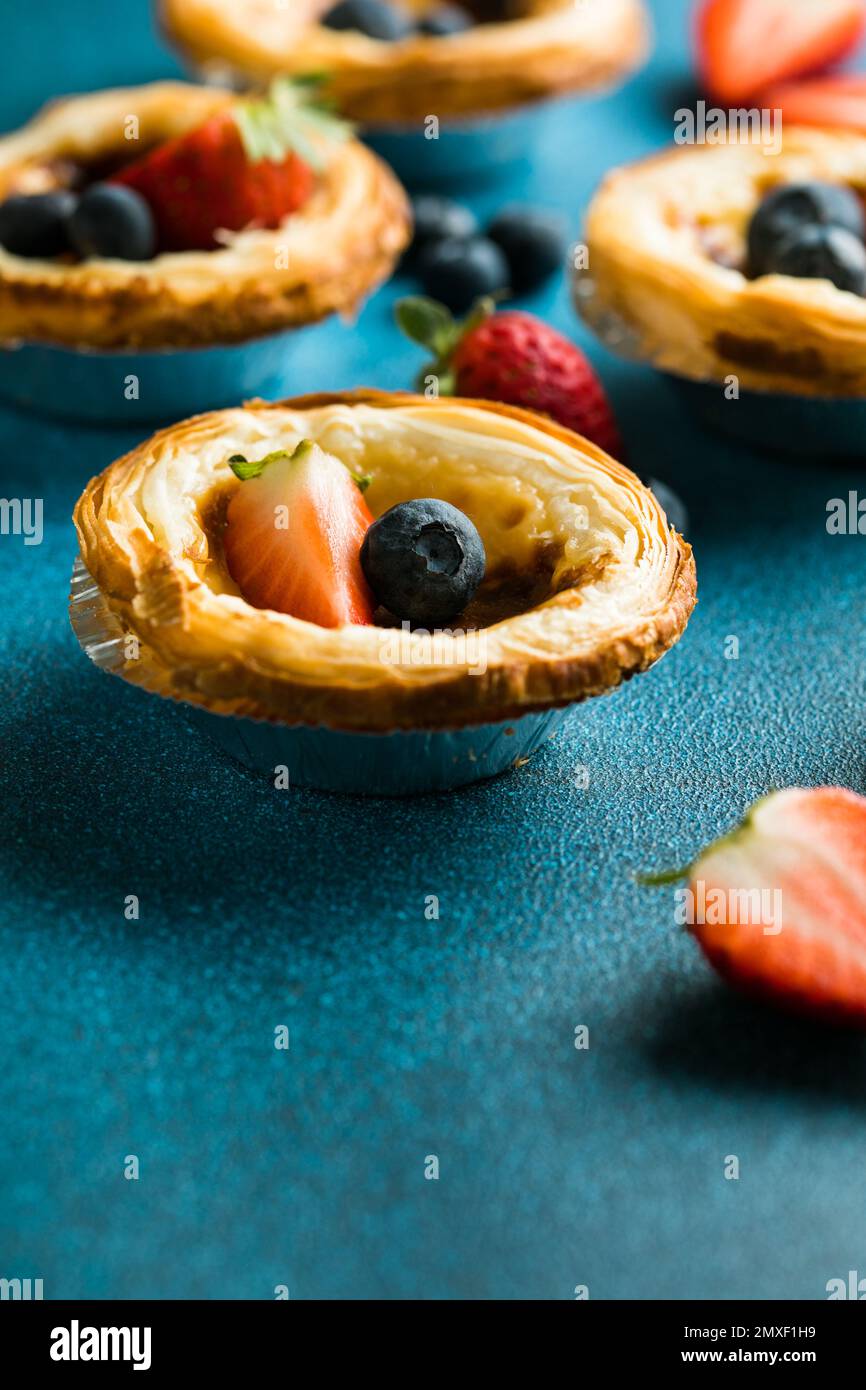 Traditional Portuguese egg tart dessert Pasteis Pastel de nata or