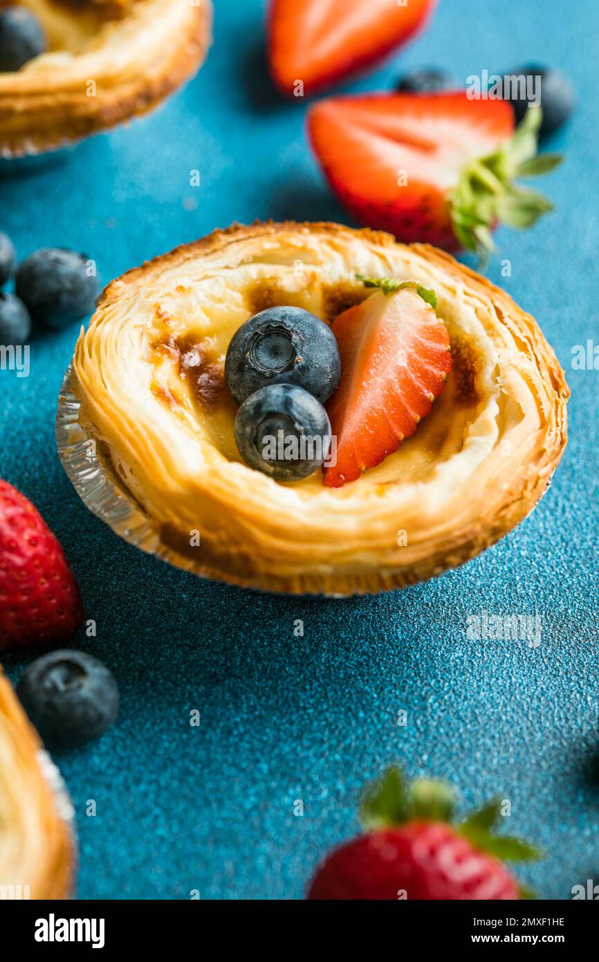 Traditional Portuguese egg tart dessert Pasteis Pastel de nata or
