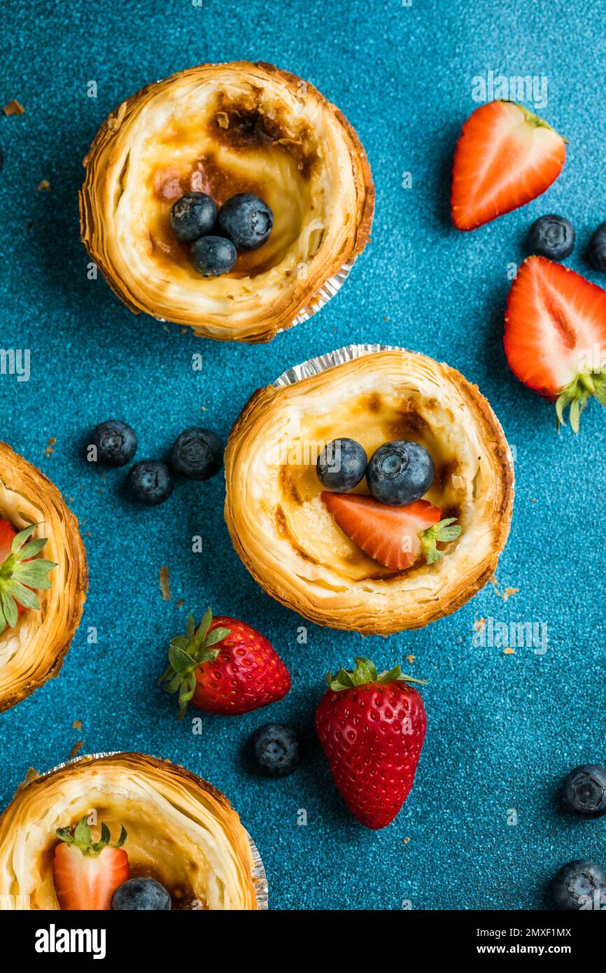 Traditional Portuguese egg tart dessert Pasteis Pastel de nata or