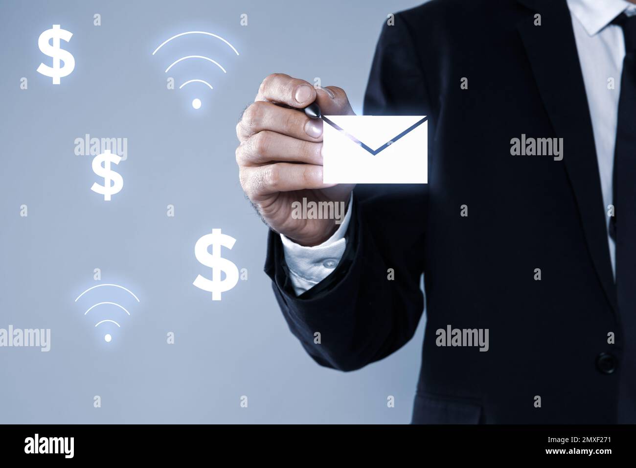 Electronic mail. Businessman and virtual screen with different icons, closeup Stock Photo
