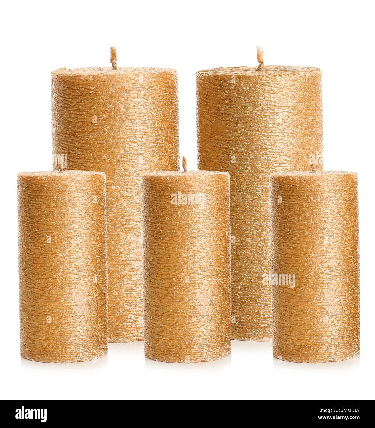 Set of elegant gold candles on white background Stock Photo Alamy