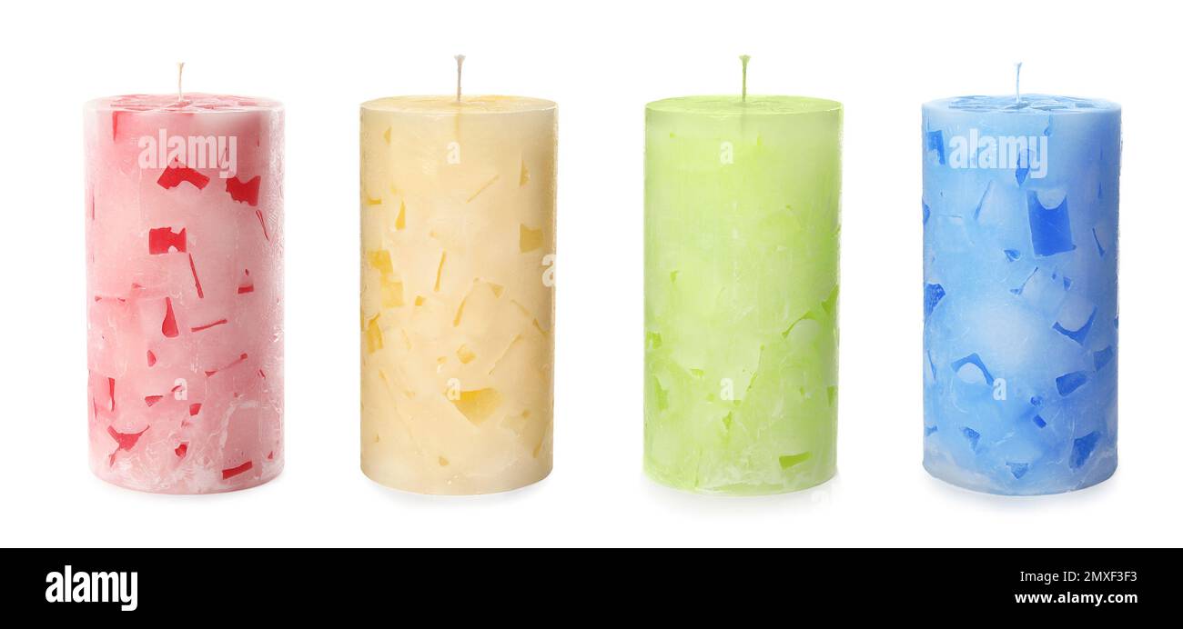 Set of color wax candles on white background. Banner design Stock Photo