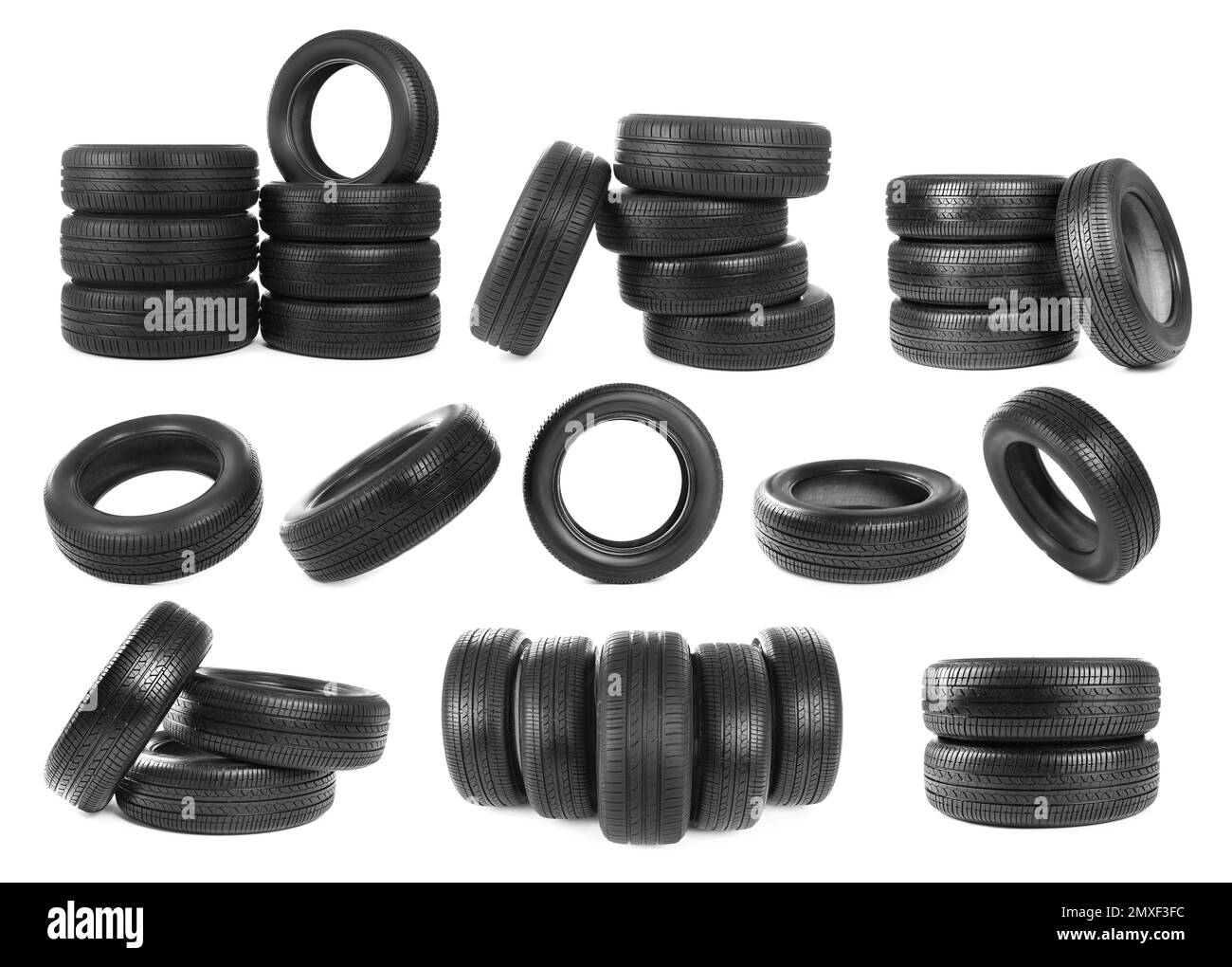 Set with car tires on white background Stock Photo Alamy