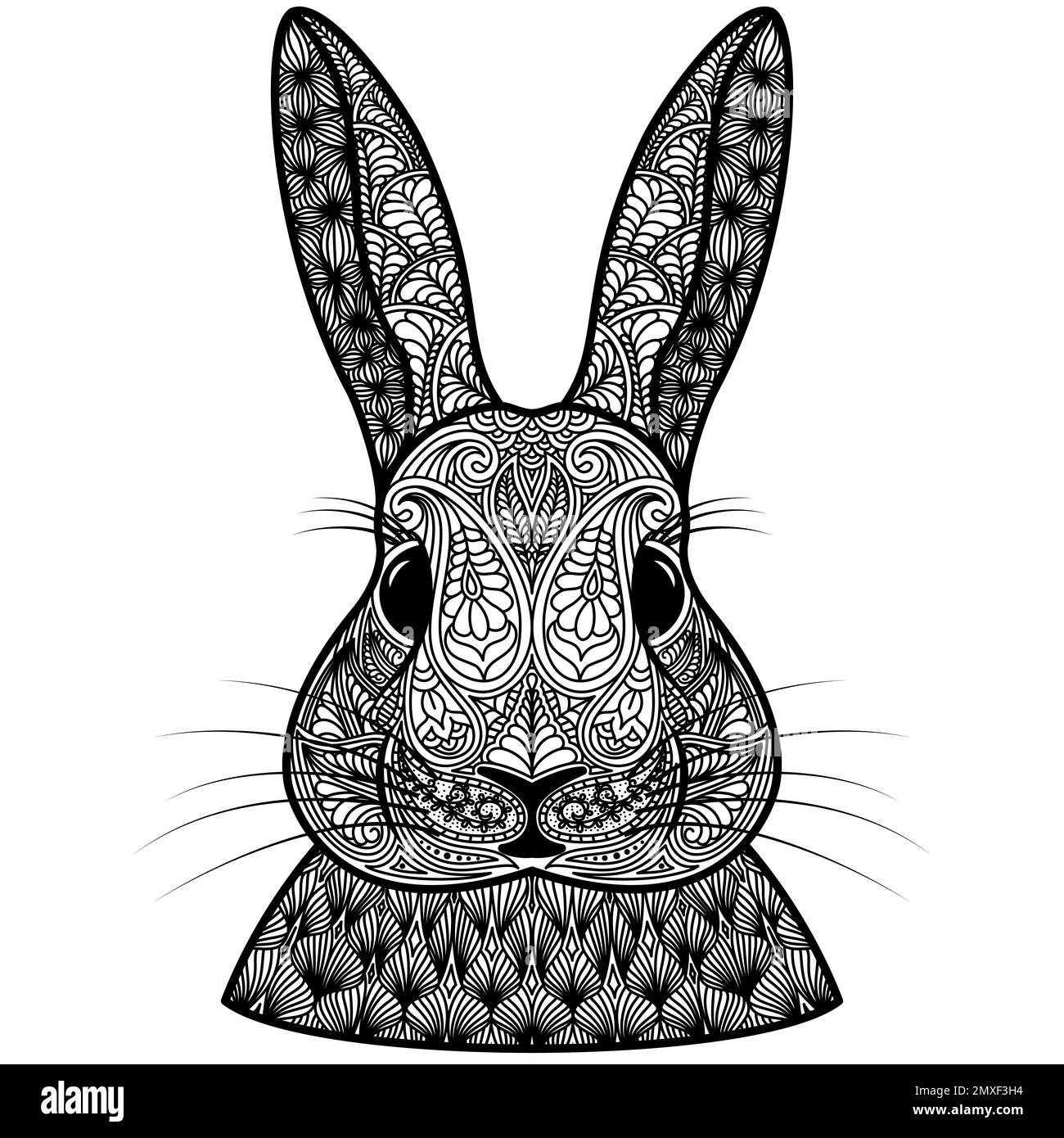 Ornamental face Rabbit symbol new year 2023 Black concept Patterned bunny head design Painted ethnic ornament Hand drawn outline sketch style Animal s Stock Vector
