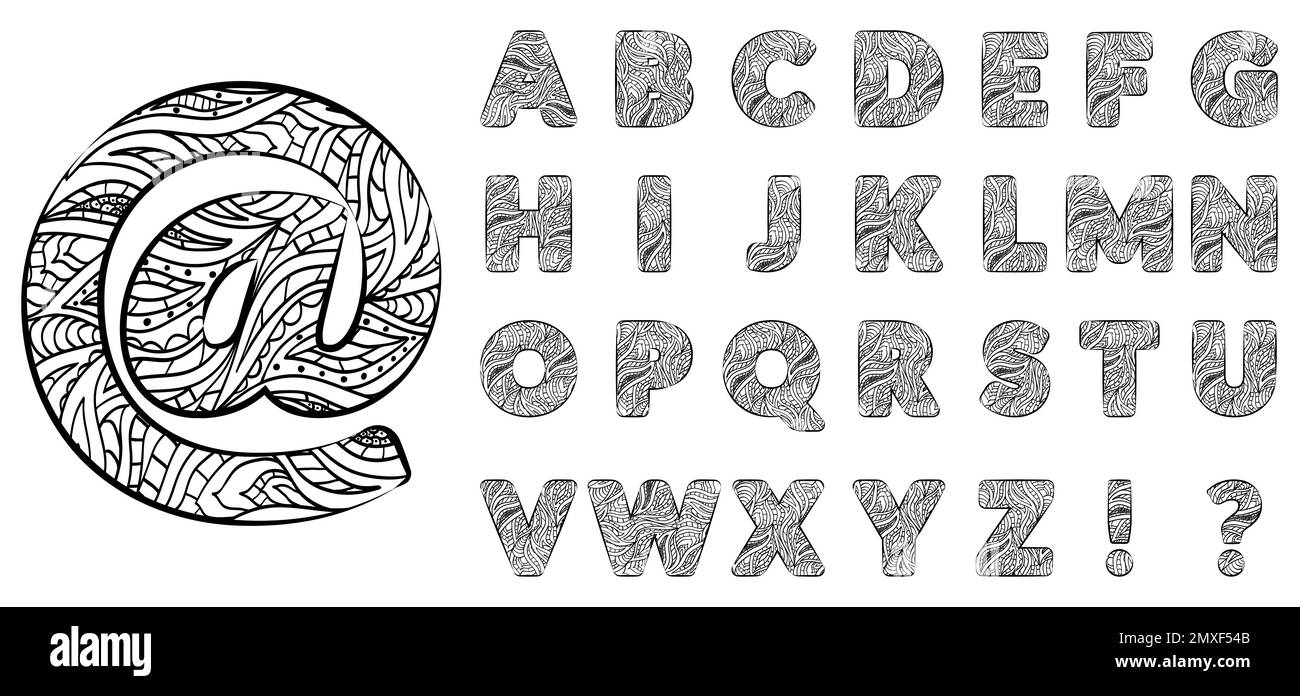 Paisley pattern henna alphabet full. Set of ABC letters and simbols. Decorative black doodle patterned ornamental font. Indian, Indonesian or Pakistan Stock Vector