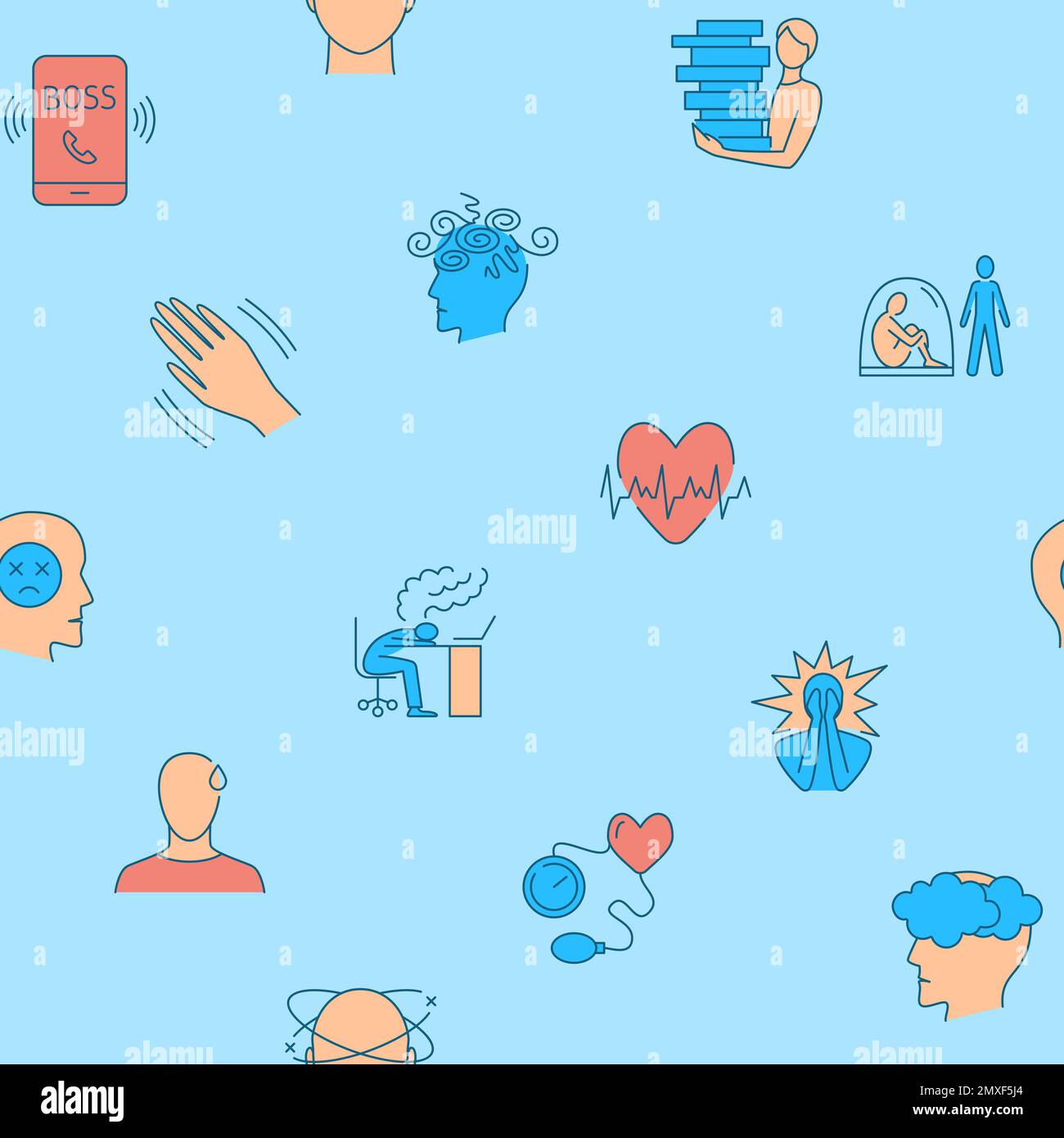 Seamless pattern with stress symptoms and causes in colored line style ...