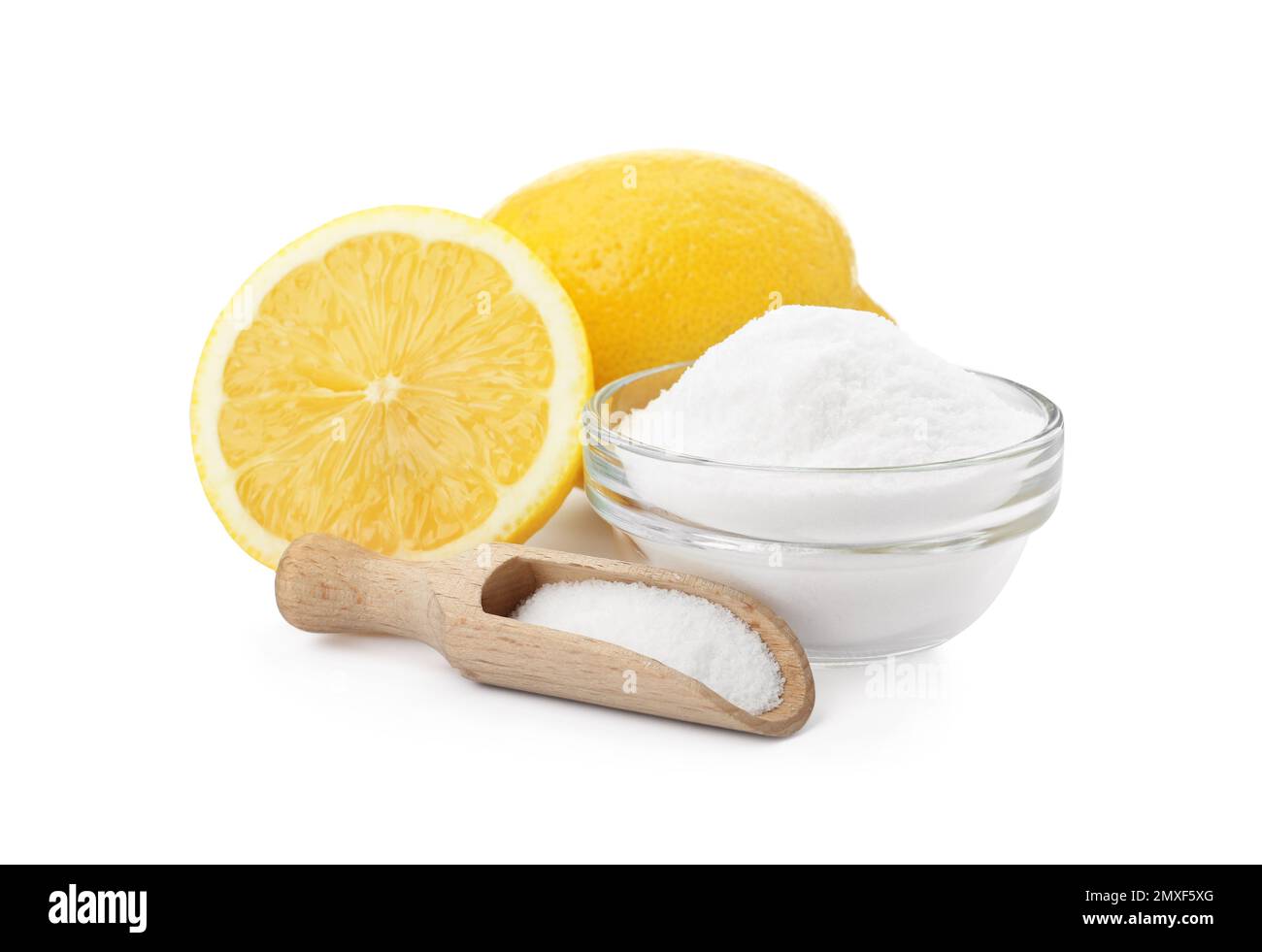 Baking soda and cut lemons on white background Stock Photo Alamy