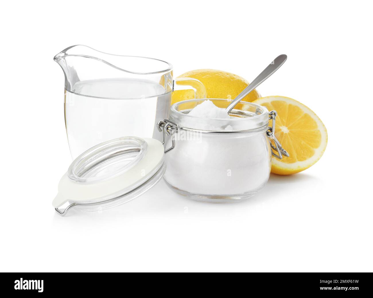 Baking soda, vinegar and lemon on white background Stock Photo Alamy