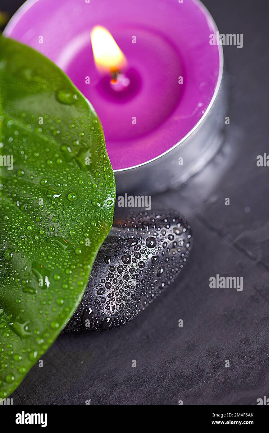 black stone with green leave an candel on black stone background Stock Photo