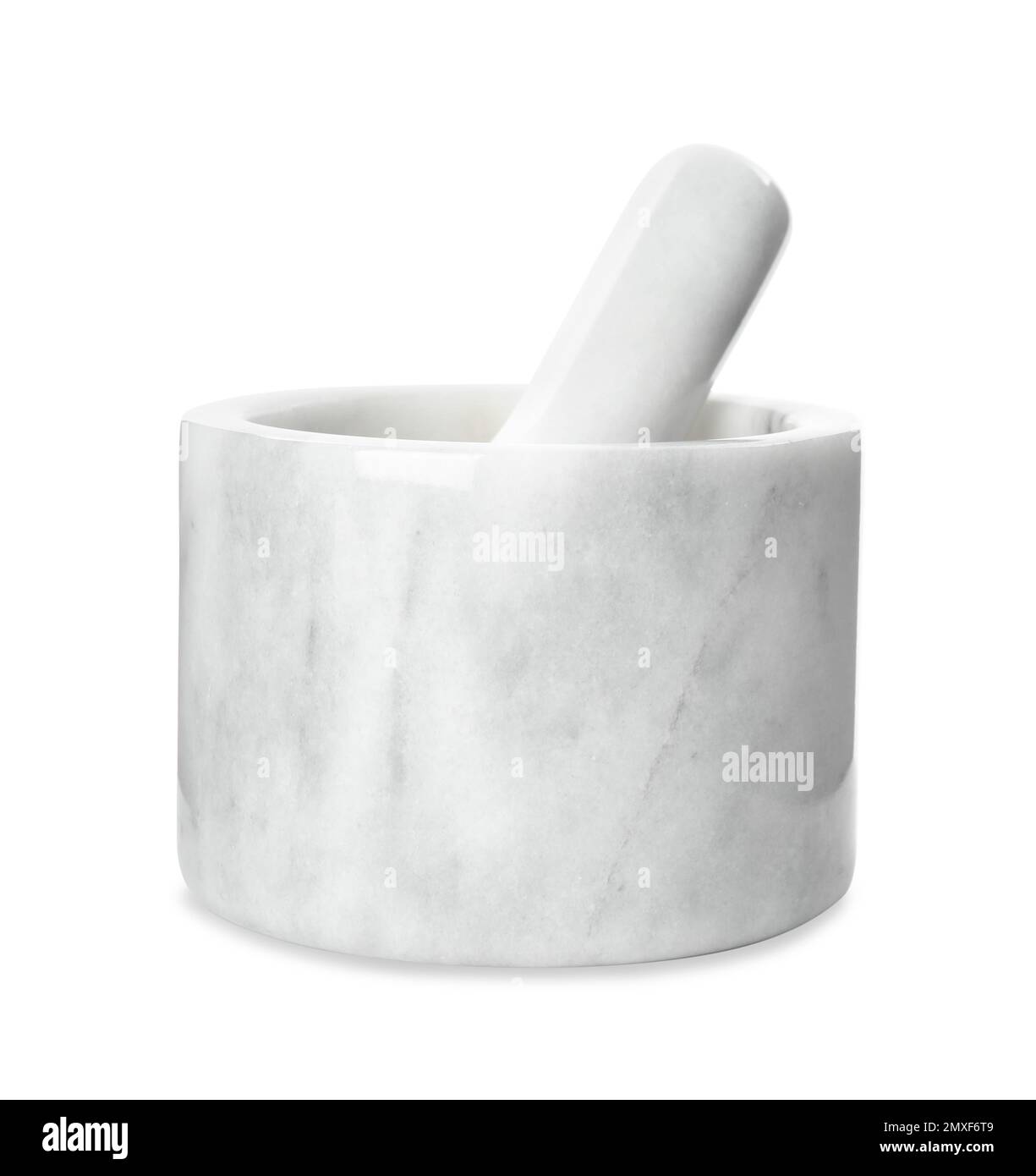 Modern marble mortar and pestle isolated on white. Cooking utensils