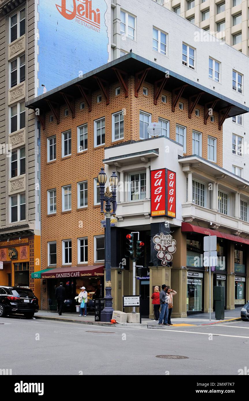 Qin's Ramen & Noodle Bar in the corner of Cyril Magnin Street and Ellis
