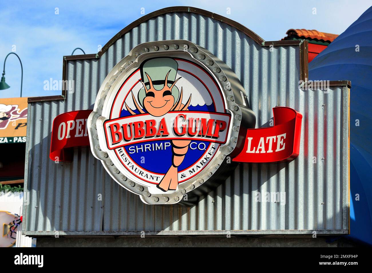 Iconic neon sign of Bubba Gump restaurant at San Francisco's Pier