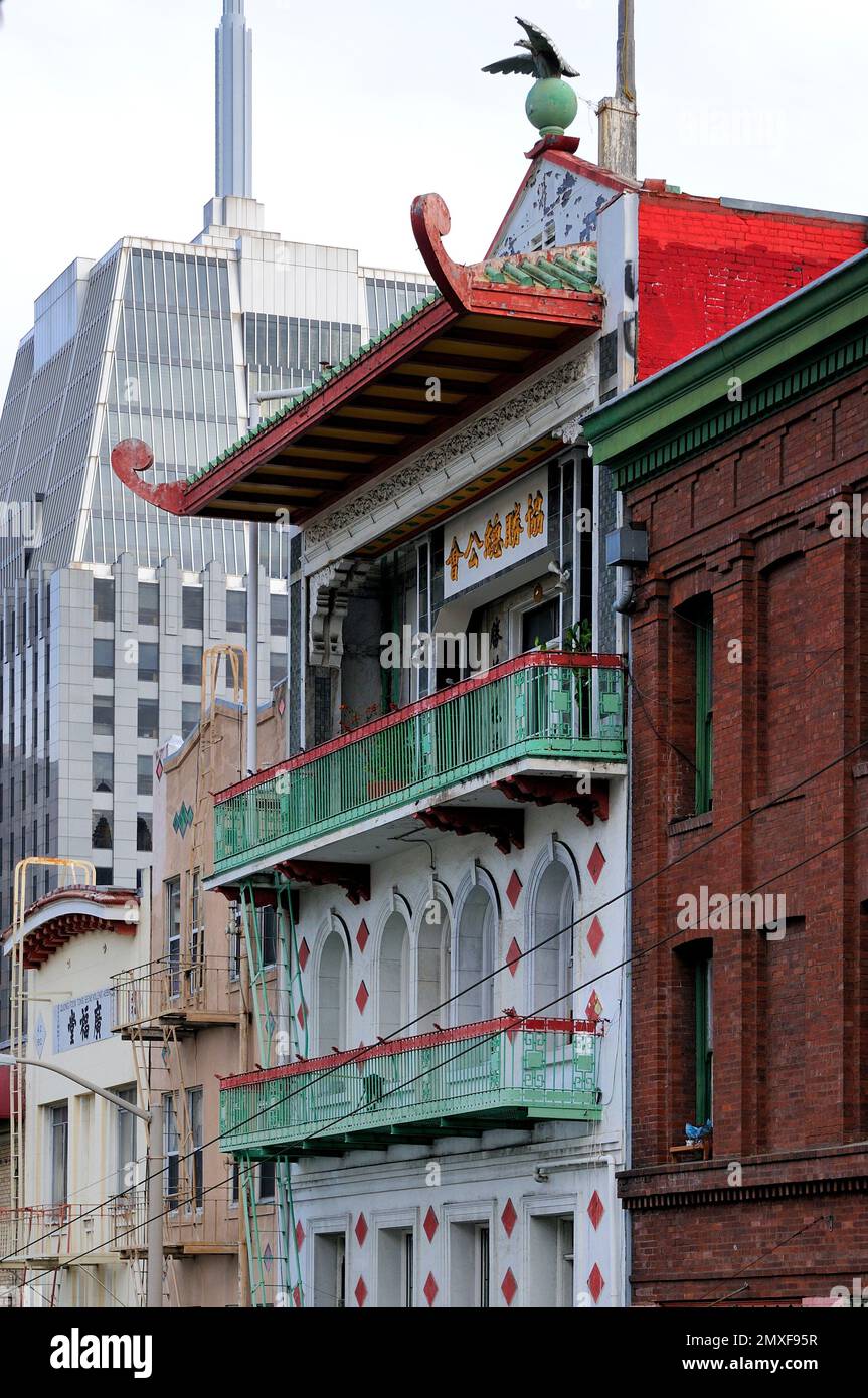 Chinatown's enchanting allure captured in this photo: Ornate facades, vibrant colors, and cultural details paint a vivid tapestry of San Francisco Stock Photo