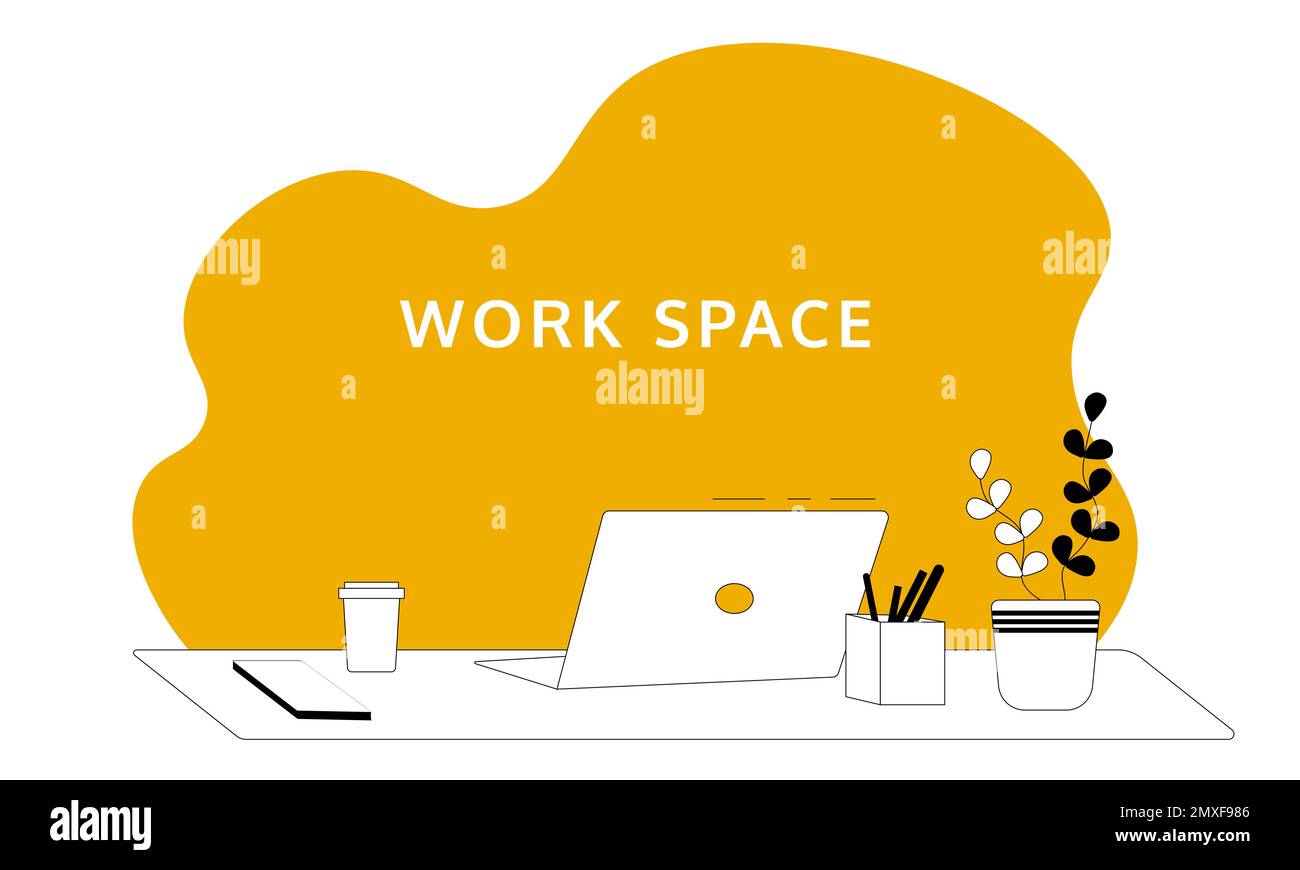 The working space. The room have a computer on the table, cup of coffee and plant. Stock Vector