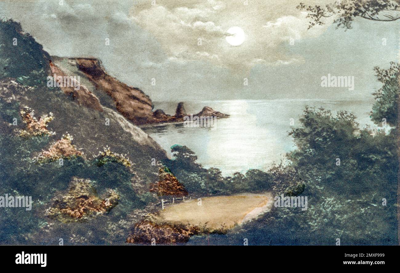 A coloured reproduction of Anstey's Cove, Torquay, Devon UK scanned at