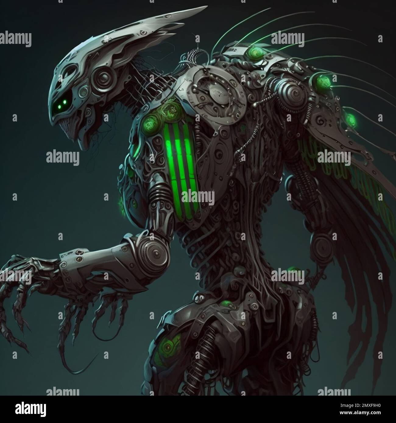 An AI generated illustration of a futuristic evil black robot with green  parts in a dark environment Stock Photo - Alamy
