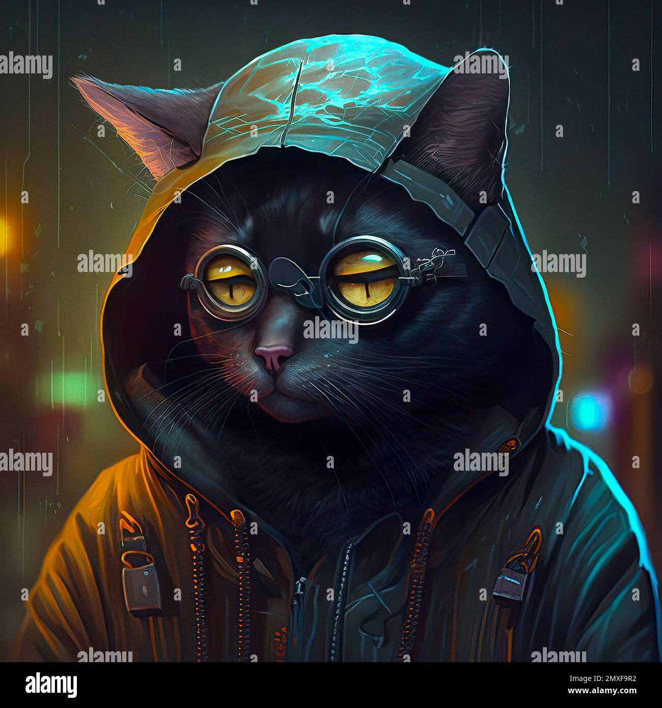 Dystopian Art Gloomy Black Cat with Bright Yellow Eyes Wearing a Hoodie,  Hat and Glasses Stock Photo - Alamy