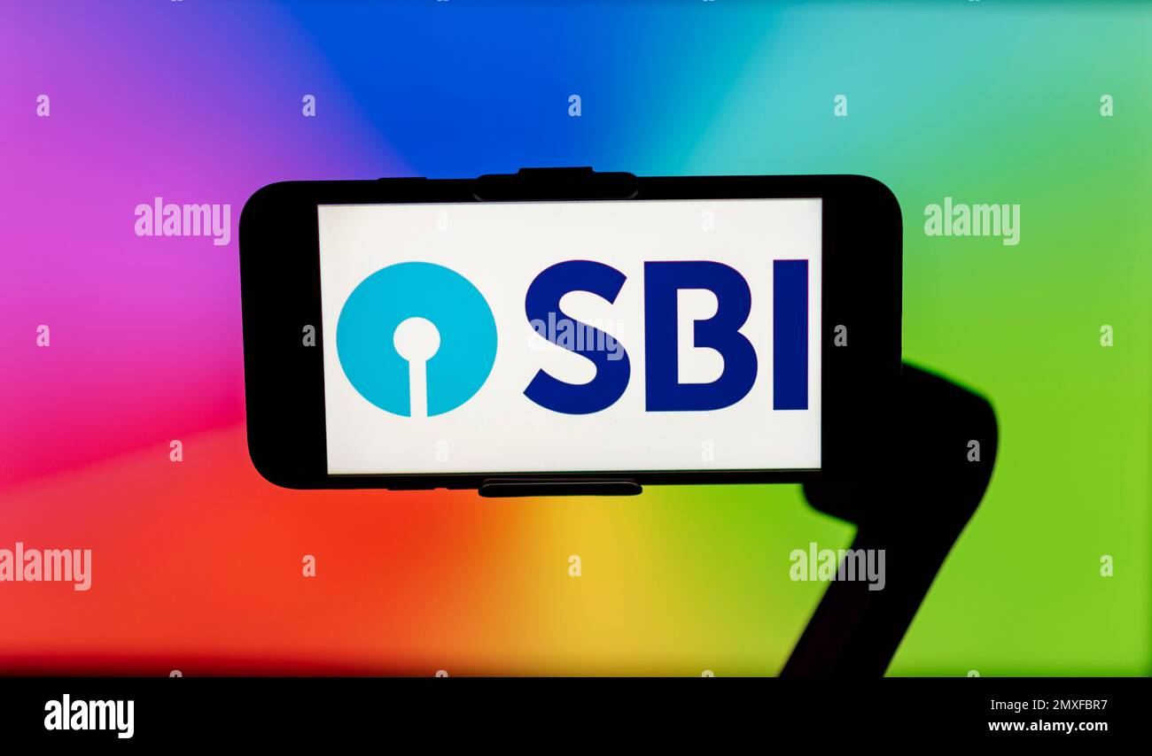 In this photo illustration, the state bank of India (SBI) logo is seen displayed on a mobile phone screen. Stock Photo