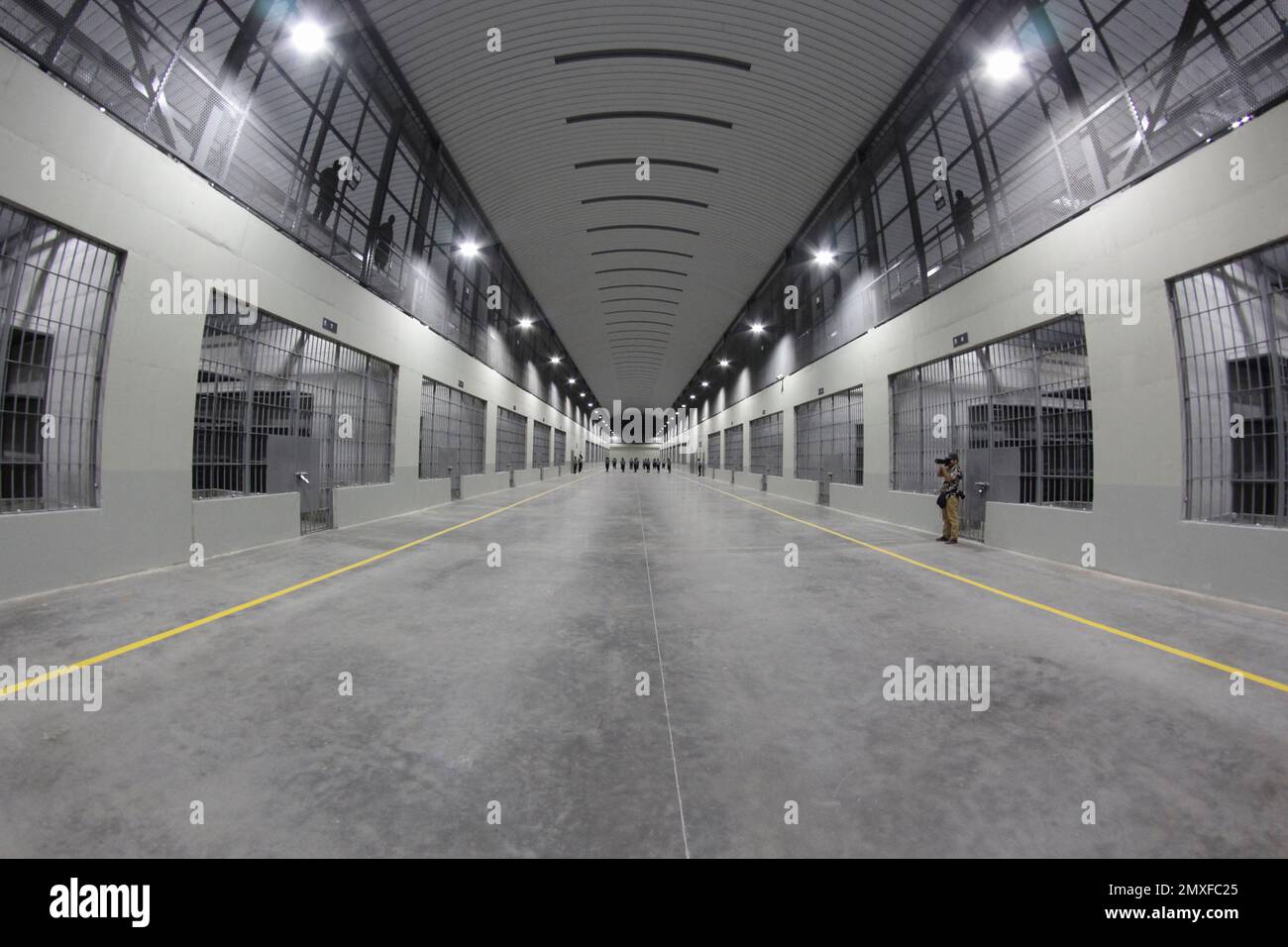 A cell area stands empty during a media tour of The Terrorism Confinement  Center in Tecoluca, El Salvador, Thursday, Feb. 2, 2023. The 