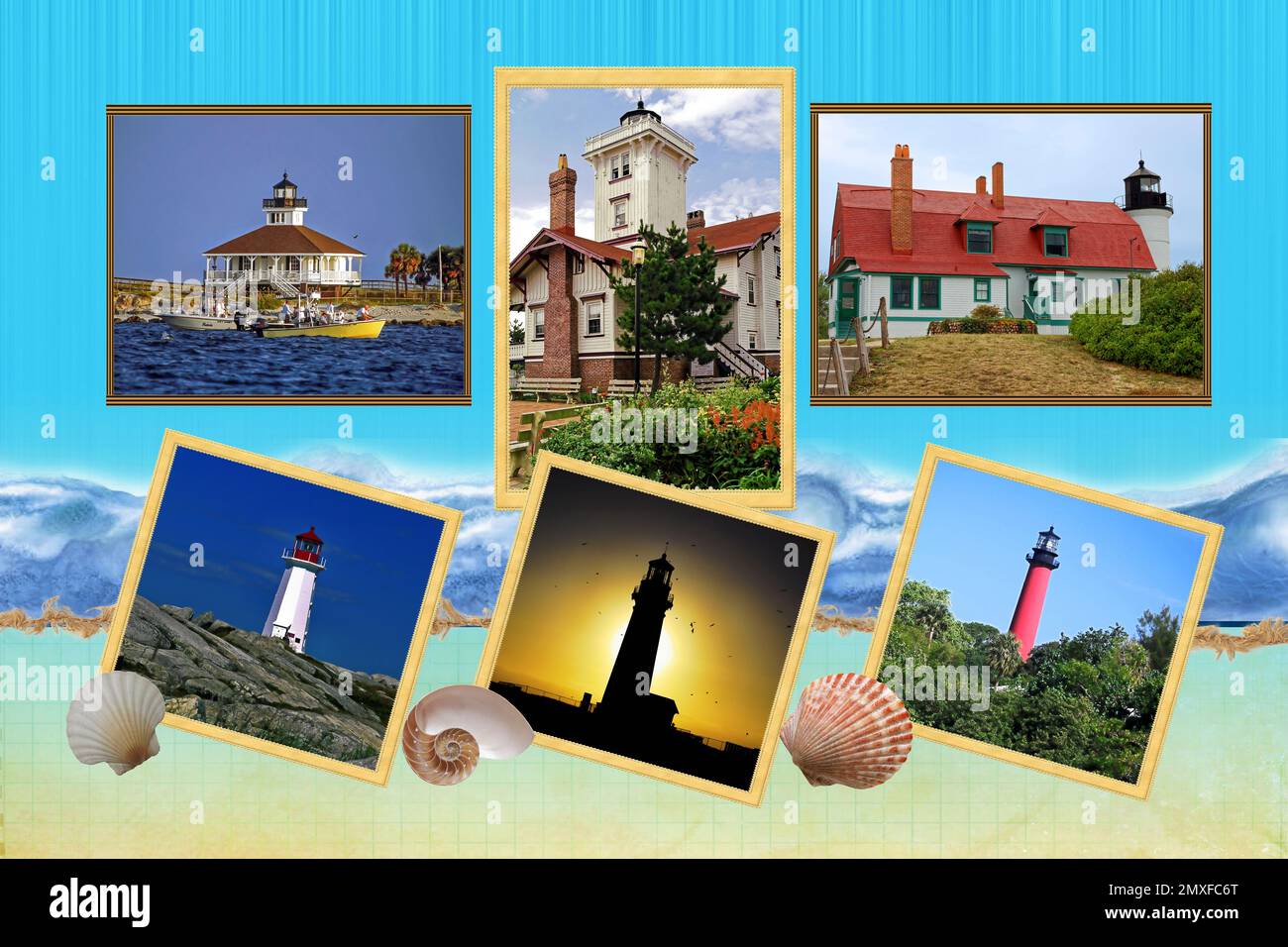 lighthouse collage, 6 photos, varied appearances, sea background, large 20x30 inches, colorful, beacons, aids to navigation, maritime, marine Stock Photo