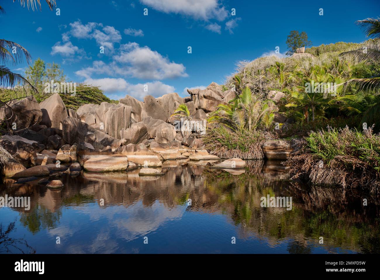 natural pool near Grand Anse, La Digue, Seychelles Stock Photo