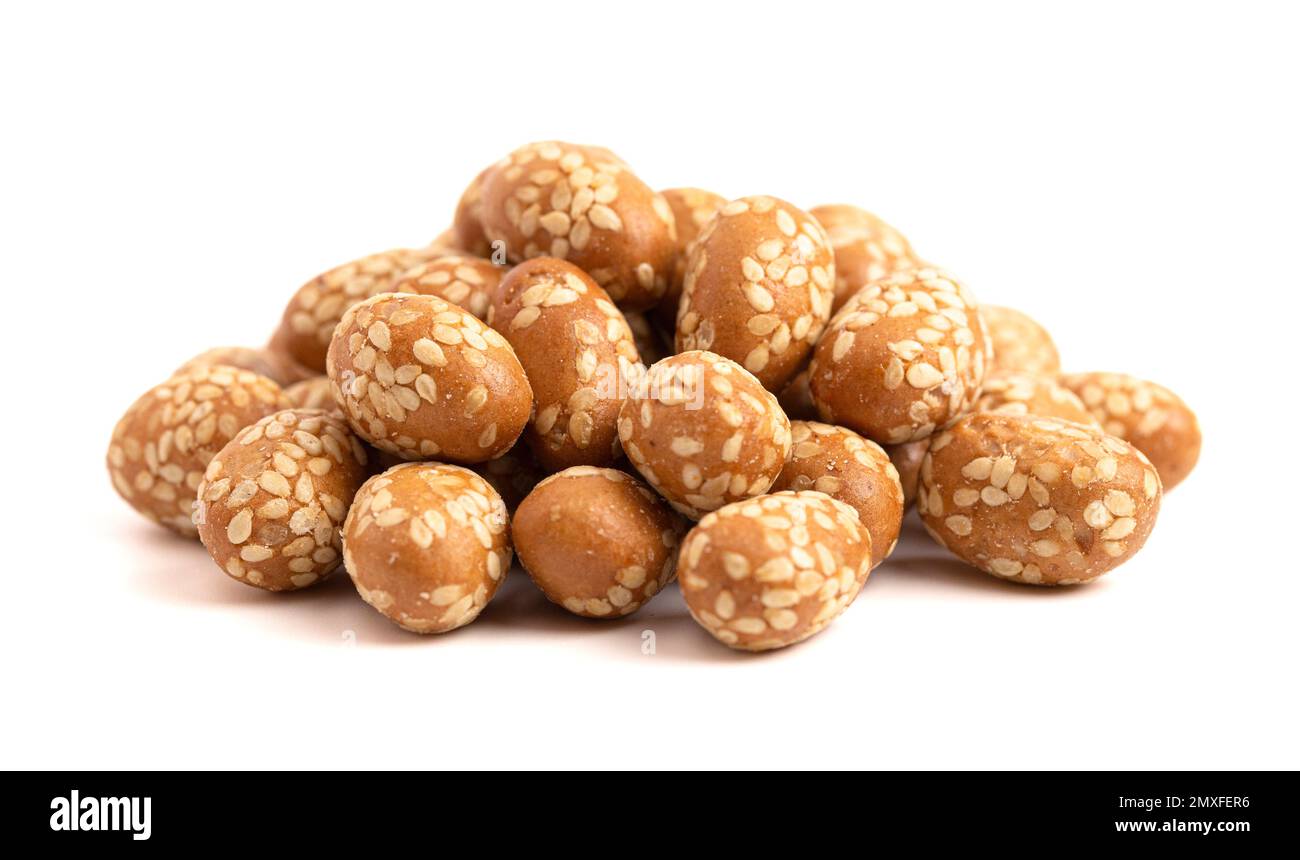 Crunchy Sesame Peanuts with Soy Sauce Isolatd on a White Background