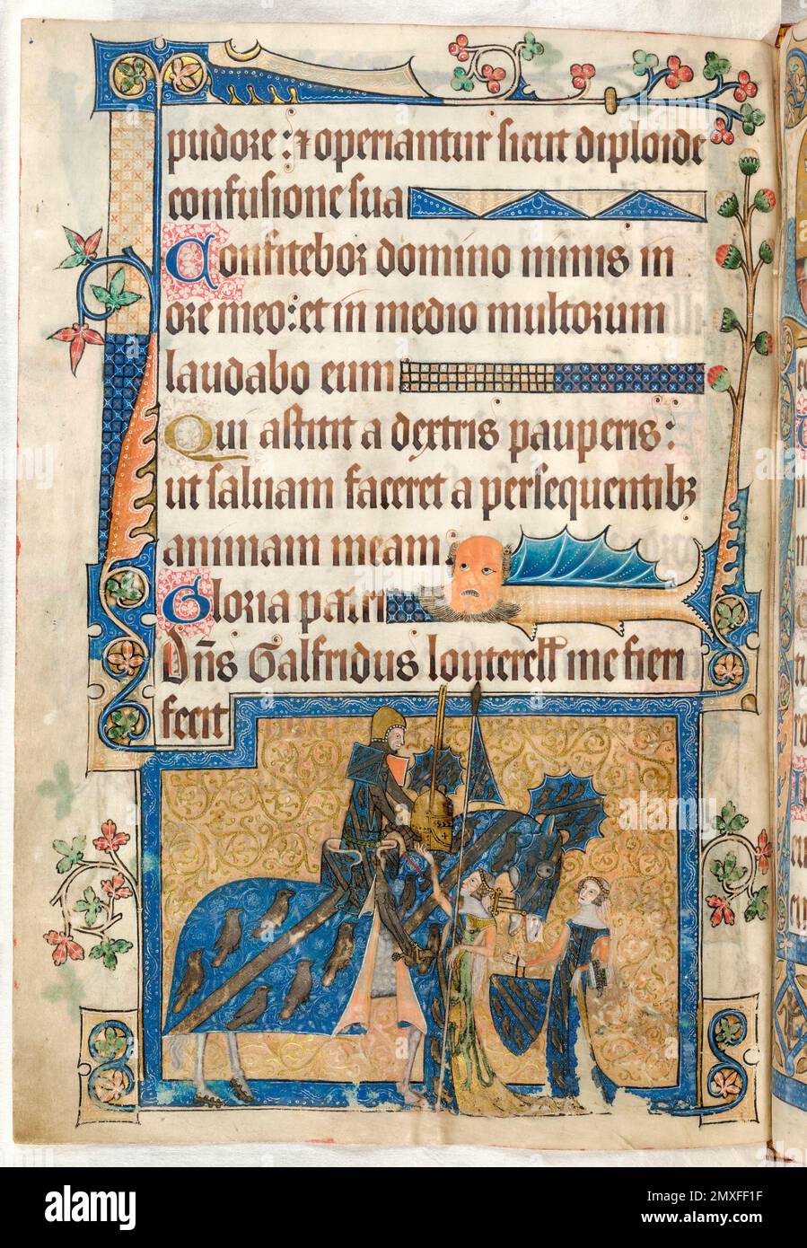 Luttrell Psalter. Sample page from the illuminated 14th century Luttrell Psalter, c. 1320-40, showing Sir Geoffrey Luttrell, mounted, being assisted by his wife and daughter-in-law Stock Photo