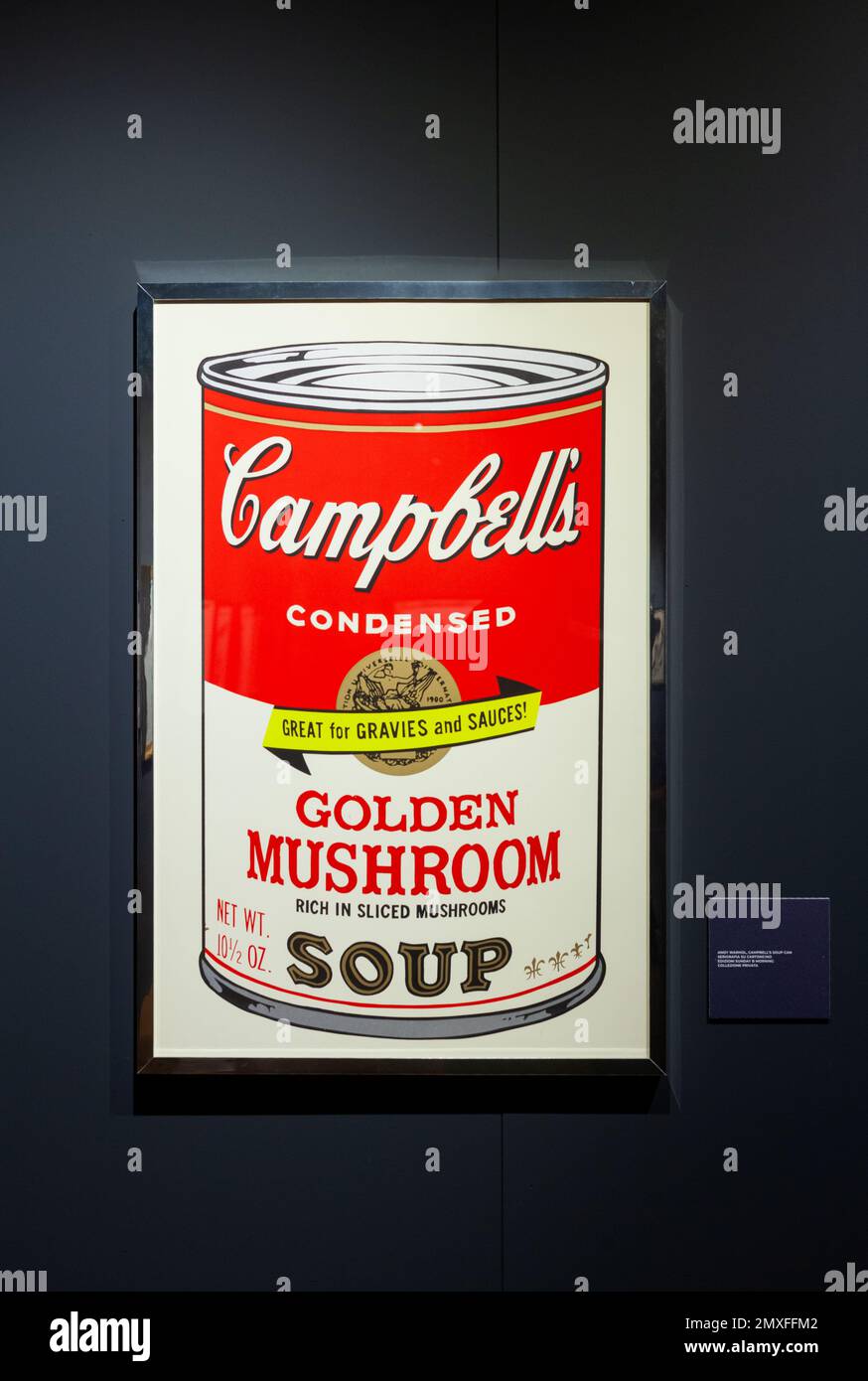 Trieste, Italy - January 21, 2023: Screen prints titled Campbell's soup by Andy Warhol . The Great Communicator Banksy, Salone degli Incanti Stock Photo