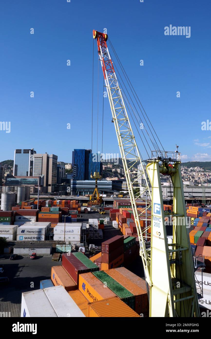 View on cargo crane with spreader to handling containers situated in ...