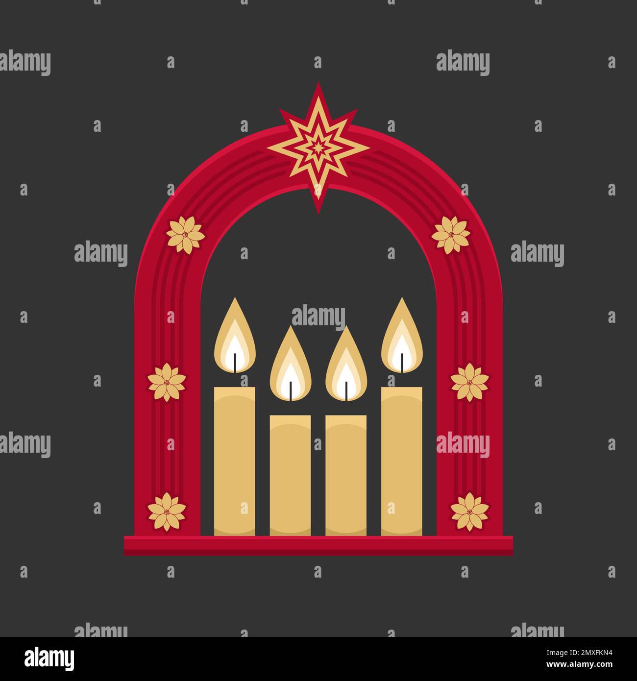 Christmas vector illustration. Four Advent candles lit in anticipation of the birth of Jesus 