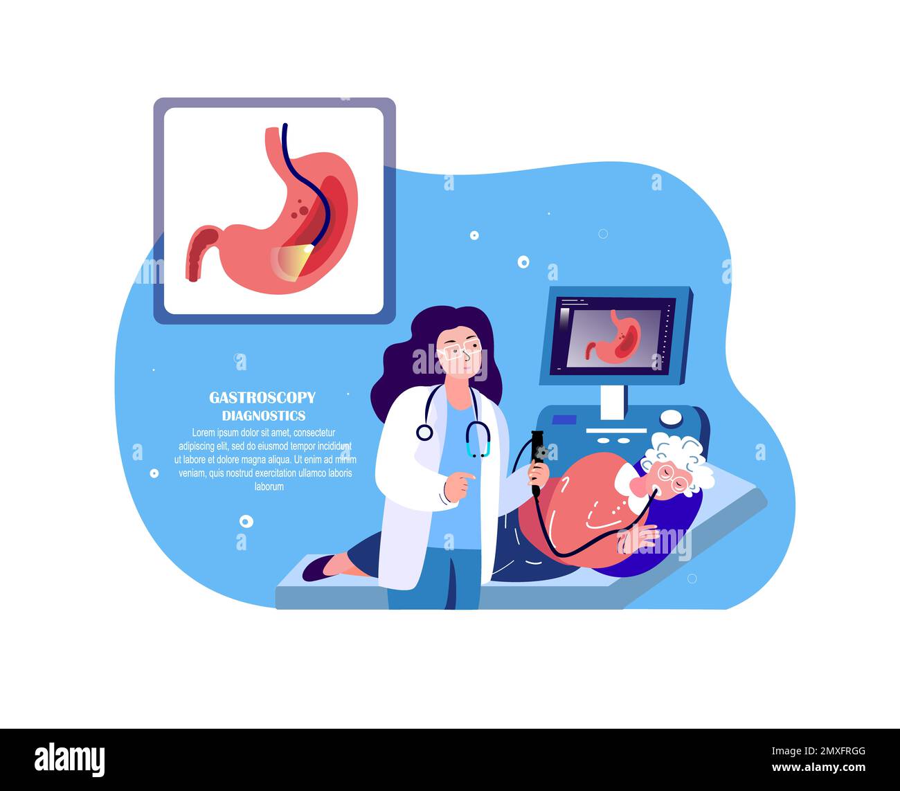 Doctor Gastroenterologists, Gastroscopy Researching, Curing Old Retired Pensioner Woman.Stomach Ache. Diagnostics, Gastric Catheter. Abdominal Clinic Stock Photo