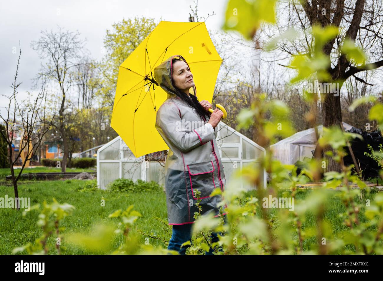 Coping with stress and anxiety. Practicing mindfulness and relaxation techniques. Happy senior woman in yellow rain coat with yellow umbrella walking Stock Photo