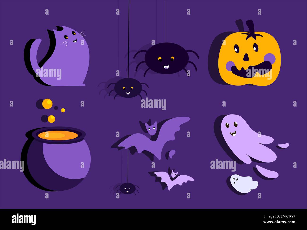 Halloween Bright Purple Greeting Set Card.Creative Flat Vector Elements.Funny Ghosts,Spiders,Pumpkin,Bats,Cat,Boiling Pot Cauldron.Template for Hallow Stock Photo