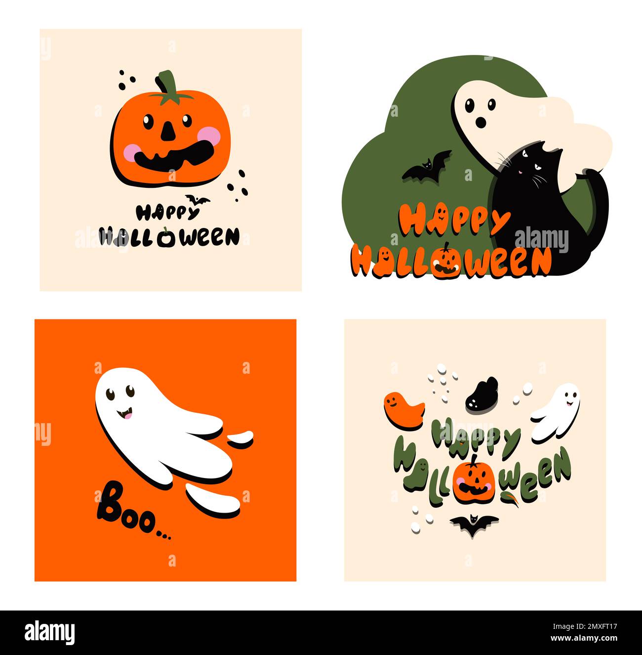 Halloween Bright Greeting Set Card.Creative Illustration with Funny Ghosts,Pumpkins,Bat,Cat Celebrating All Saints' Day.Allhallows Template for Hallow Stock Photo