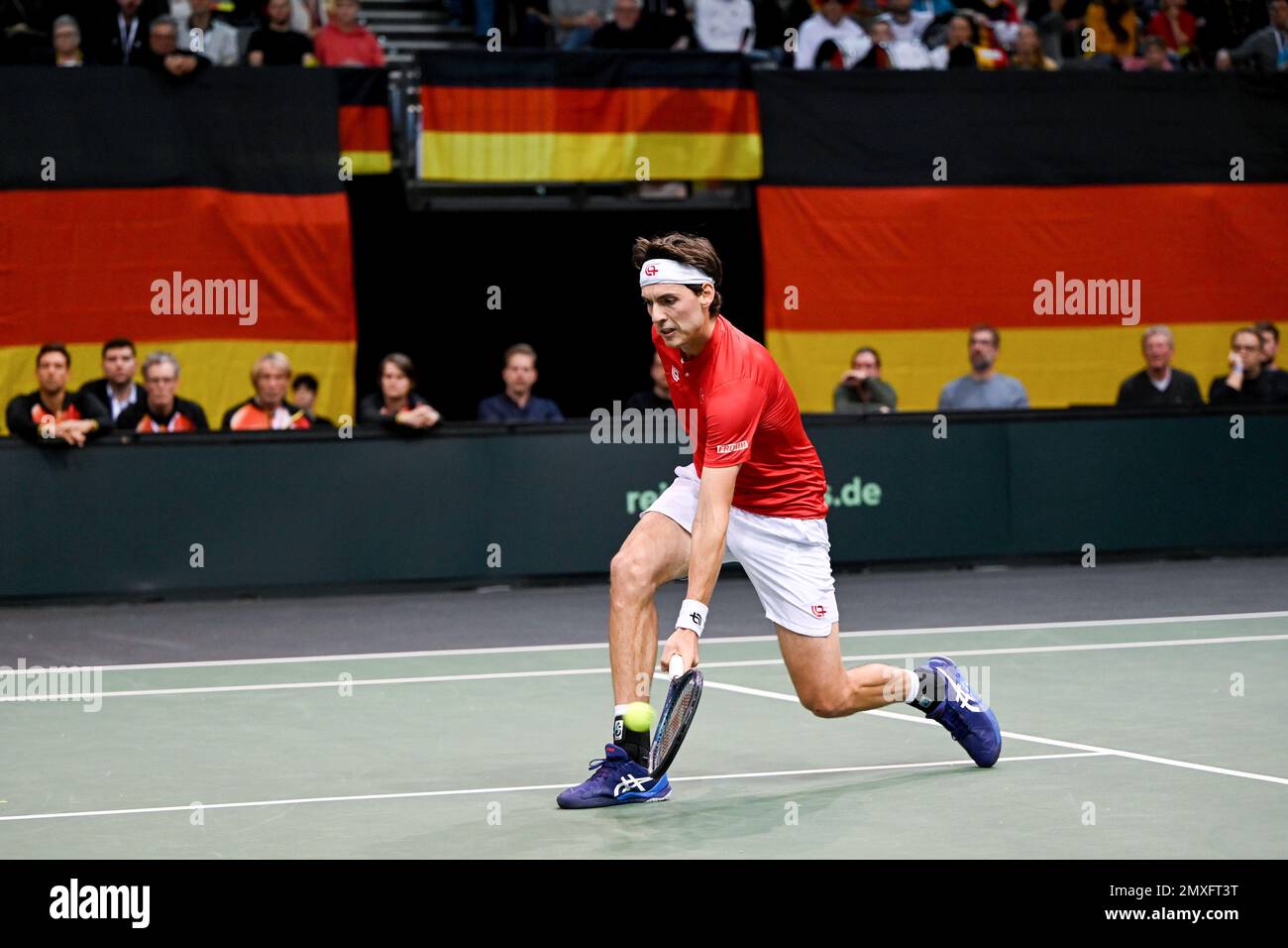 Trier, Germany. 03rd Feb, 2023. Tennis: Men, Davis Cup, qualifying round,  Germany - Switzerland, singles. Marc-Andrea Hüsler from Switzerland plays a  forehand against Otte. Credit: Harald Tittel/dpa/Alamy Live News Stock  Photo -